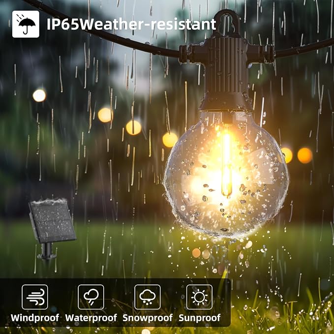 Kawaya G40 Outdoor String Lights Solar 50FT IP65 2700K LED Patio Light | IP65 Shatterproof Hanging Edison Blubs,2700K Warm White for Garden Porch Fence Camping Party Backyard Deck Bistro Balcony