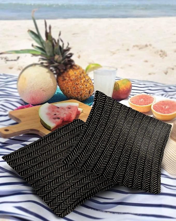 Black Gold Striped Outdoor Pillow Covers Waterproof,All Weather Cushion Case Set of 2 Decorative Pillowcases for Sofa Couch Bed Decor Patio Furniture 24"x24" Boho Minimalist Geometric Bohemia