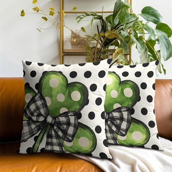 Lucky Shamrock Throw Pillow Covers 16x16 Inch – Set of 2 Green Clover with Black White Plaid Bow Polka Dot Holiday Cotton Pillowcases for Couch Sofa Bed Porch Farmhouse Home Decor