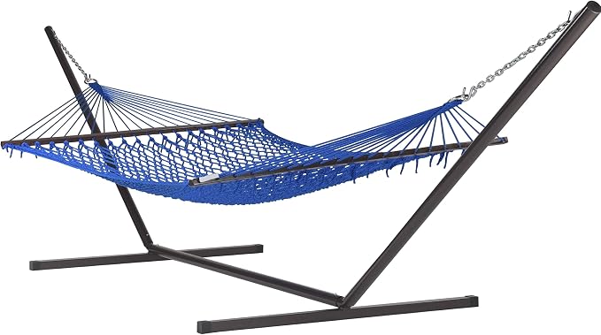 Jumbo Caribbean Rope Hammock and Metal Tri Beam Stand Mocha (Dark Blue)