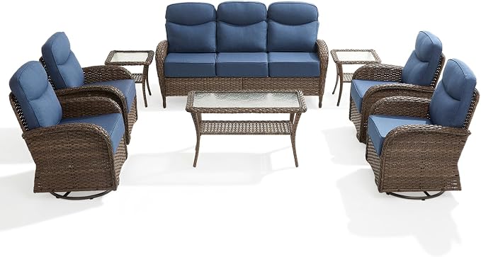 Outdoor Swivel Rocking Chair Patio Set (8-Piece), High-Back - Thick Cushion Swivel Rocking Chair Patio Set, All-Weather Wicker Patio Furniture Set, Suitable for Balcony Patios, Brown/Blue