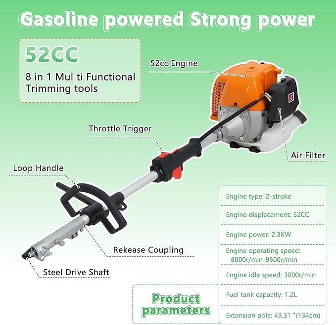 52cc 2-Cycle Gas Powered Weed Eater, Heavy-Duty Brush Cutter, Gas String Trimmer & Hedge Trimmer Combo Kit with Extension Pole, 2.3KW Multi-Functional Trimming Tool for Weeds Grass Orange