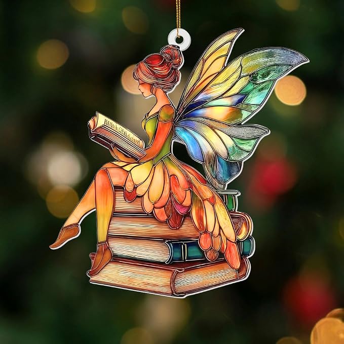 Fairy Stained Glass Style Acrylic Suncatcher, Fairy Ornament Window Hanging, Book Lover Gift for Women, Fairy Decor, Teacher & Librarian Book Club Decorations, Christmas Tree Ornament 4.5"(Sun-15)