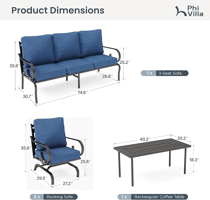 PHI VILLA Patio Furniture Set, 3-Seater Sofa, 2 Rocking Chairs and a Coffee Table, Outdoor Metal Conversation Set with 5.75" Extra Thick Cushion for Garden Backyard Deck, Navy