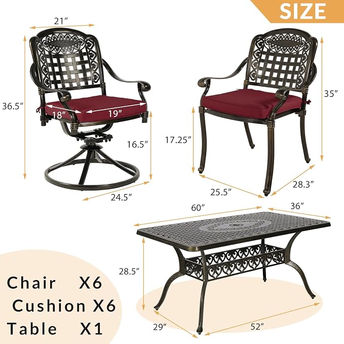 7-Piece Outdoor Patio Dining Set, 60” Rectangular Cast Aluminum Dining Table with Umbrella Hole and 4 Stationary, 2 Swivel Rocker Chairs, 6 Cushioned, Backyard, Patio, Garden, Red