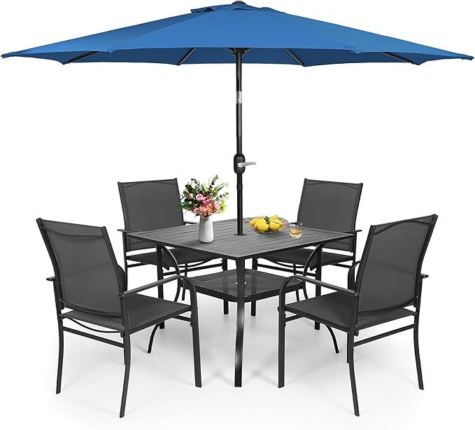 Crownland 5 Piece Patio Dining Set, Textilene Dining Sets, 4 Textilene Metal Chairs and Square Outdoor Dining Table with Dark Blue 9FT Round Outdoor Umbrella (Black)