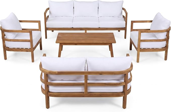 Christopher Knight Home Molly 5-Piece Patio Furniture Set, Solid Wood Outdoor Conversation Set with Coffee Table, Outdoor Sofa Set with Loveseat, Club Chairs And 3-Seater Sofa for Backyard, Teak+White