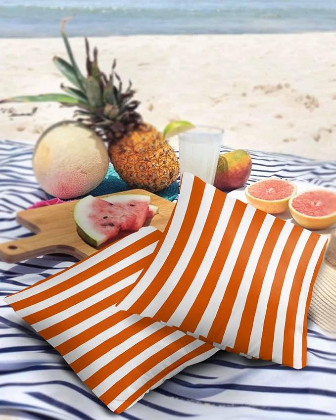 Outdoor Waterproof Throw Pillow Covers 20x20in, Orange Geometric Stripes Cushions for Garden Patio Furniture Chairs Set of 2, Abstract Fall Home Decor Couch Sofa Polyester Pillow Cases