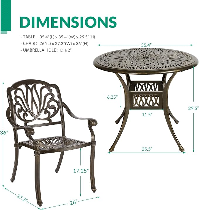 VIVIJASON 5-Piece Outdoor Patio Dining Set, All-Weather Cast Aluminum Conversation Set, Patio Furniture Set for Balcony Lawn Garden Backyard, Include 4 Chairs, a 35.4 inch Round Table w/Umbrella Hole