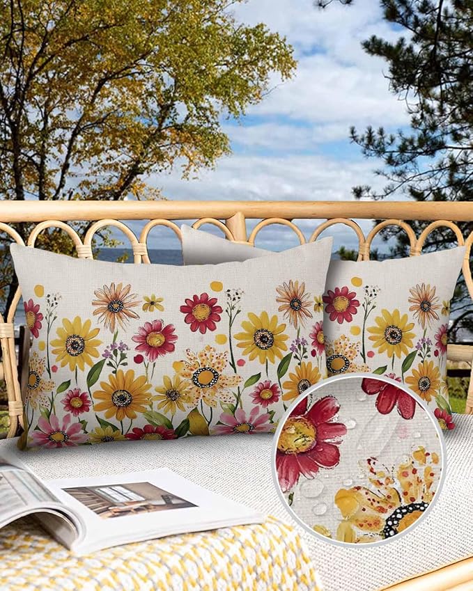 Outdoor Waterproof Pillow Covers for Patio Furniture Pink Purple Floral Decorative Throw Pillow Cover Red Yellow Flowers Pillowcases Set of 2 Cushion Case for Sofa Couch Chair Home Decor 20"x12"