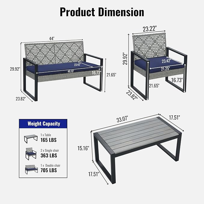 OVENTA Outdoor Patio Furniture Set, 4 Piece Rattan Chairs with Coffe Table for Backyard, Balcony, Deck, Front Porch, Patio Conversation Seating Sets for Outside, Juego Muebles de Exterior(Light Gray)