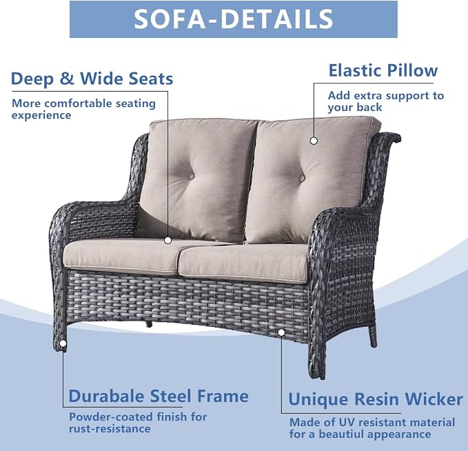 HUMMUH 5 Pieces Outdoor Furniture Patio Furniture Set Wicker Swivel Patio Chairs with 2 Seater Outdoor Sectional Sofa/Patio Loveseat with Ottomans