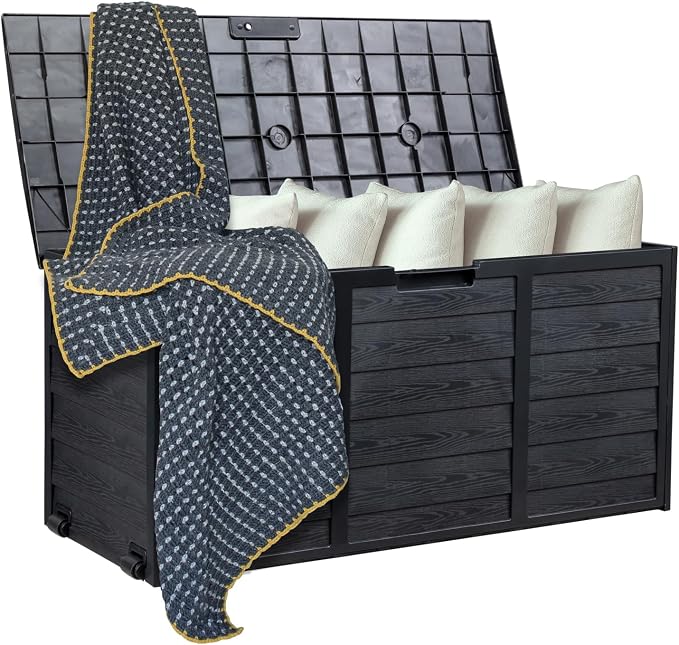 VINGLI 75 Gallon Outdoor Storage Box, Patio Deck Box Furniture with Rolling Wheels, Plastic Storage Containers with Lockable Design, For Garden, Yard, Balcony (All Black)