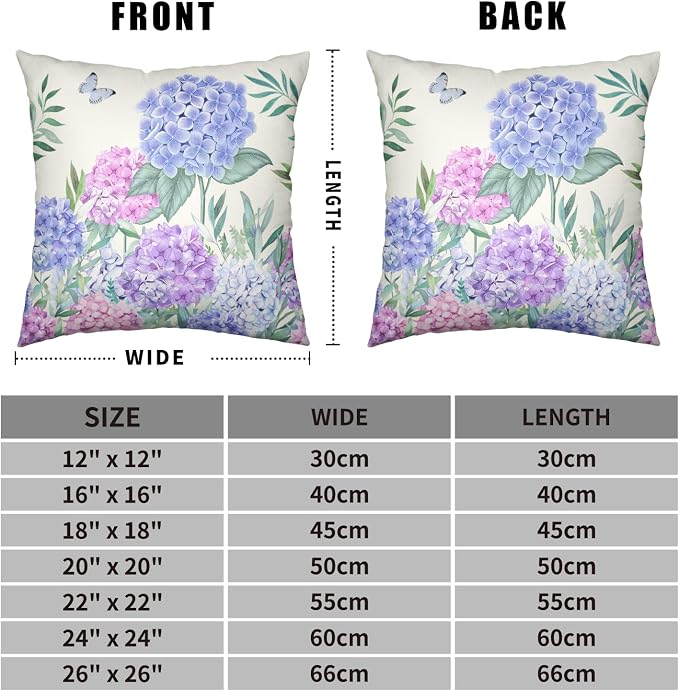 Hydrangea Pillow Covers 20x20 Set of 2 Spring Flowers Outdoor Pillow Covers Blue Purple Hydrangea Eucalyptus Throw Pillowcase Cotton Linen Cushion Case for Sofa Outdoor Patio