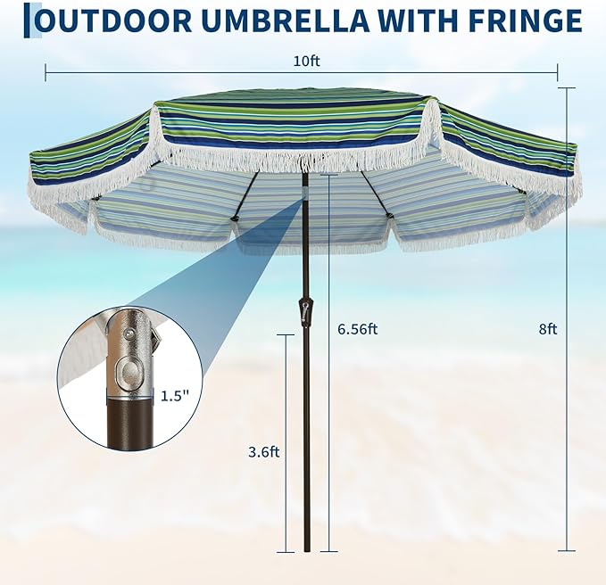 PeakPursuit 9 ft Patio Umbrella with Fringe, Tassel Outdoor Beach Umbrella for Sand with Push Button Tilt, 8 Fiberglass Ribs, UV 50+ Sun Protection for Garden, Pool, Backyard, Deck