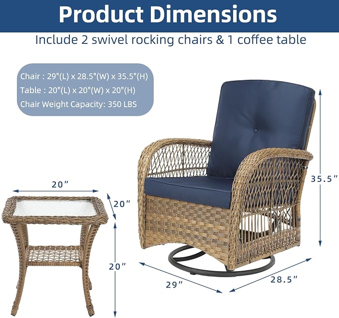 3-Piece Patio Wicker Conversation Bistro Set, Rattan Gliding Rocking Swivel Chairs with Cushion and Glass Top Side Table Outdoor Furniture Sets for Garden Backyard, Navy Blue