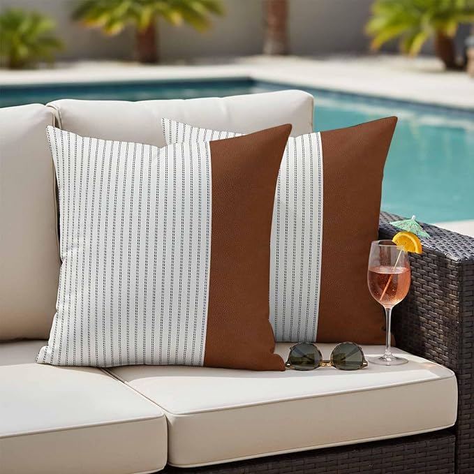 Boho Brown Leather Texture Outdoor Pillow Covers 24x24 Inch Throw Pillow Covers Set of 2 Waterproof Decorative Pillow Cases Modern Black Striped Cushion Covers for Patio Furniture Garden Couch Sofa