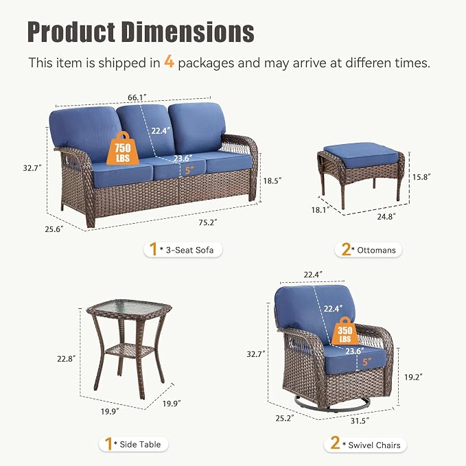 6 Pieces Outdoor Patio Furniture Set, All Weather Wicker Swivel Rocker Patio Chairs Rattan 3 Seater Sofa with Ottomans, High Back Conversation Set for Deck Porch Sunroom, Blue