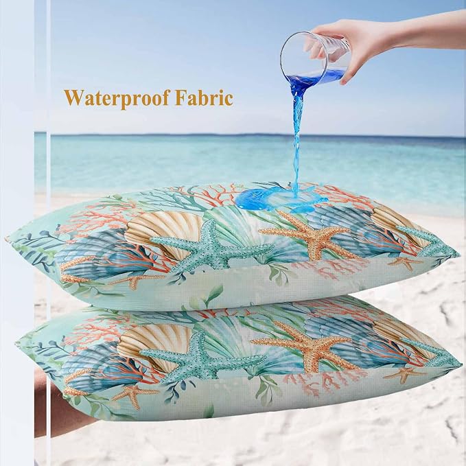 Lumbar Pillow Covers 20x12 Inch Set of 2, Ocean Starfish Seaweed Waterproof Outdoor Pillow Covers, Summer Coastal Beach Shell Coral Teal Decorative Cushion Pillowcases for Couch, Sofa, Bed, Patio