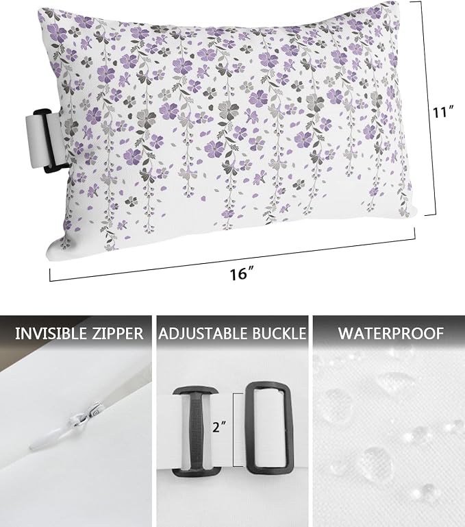 Outdoor Pillows Covers with Inserts Flower Purple Grey Cherry Blossoms White Waterproof Pillow with Adjustable Strap Throw Pillows for Patio Furniture Recliner Lounge Chair, 11x16 inch, 1PCS
