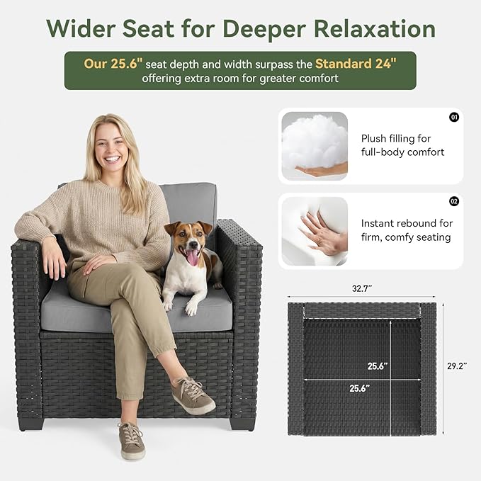 Aoxun 1 Piece 3-Seats Sofa Patio Furniture Set, Wicker Outdoor Furniture Conversation Set with 4" Thick Cushions for Deck Yard and Poolside Grey