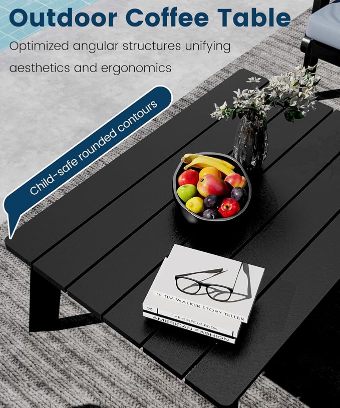 FOOWIN 7-Piece Patio Furniture Set, HDPE All-Weather Outdoor Conversation Set with Thick Cushions, Sectional Patio Sofa Furniture for Deck, Porch, Lawn, Garden, Black Frame & Grey Cushion