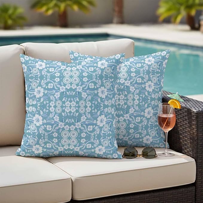 Blue Floral Outdoor Pillow Covers 20x20 Inch Throw Pillow Covers Set of 2 Waterproof Decorative Pillow Cases Vintage Pastoral Botanical Leaves Cushion Covers for Patio Furniture Garden Couch Sofa