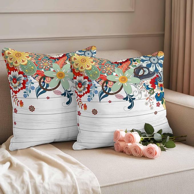 Boho Flowers Waterproof Outdoor Pillow Covers Set of 2 Home Decor, Bohemian Abstract Floral Vintage Wood Plank Pillowcase Patio Pillow Covers for Couch Bench Furniture Garden 18x18in