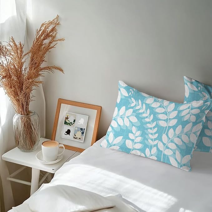 Light Blue Leaves Outdoor Waterproof Throw Pillow Covers 20x12 Set of 2, Farmhouse Botanical Branch Vintage Boho Leaf Decorative Pillowcases Cushion Pillowcase for Couch Sofa Patio Pillow Protector