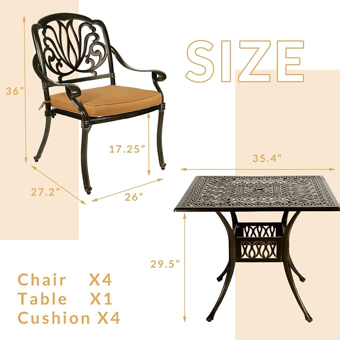 5-Piece Outdoor Patio Dining Set, All-Weather Cast Aluminum Patio Furniture Set for Backyard Garden Deck with 4 Chairs, 4 Cushions and 35.4” Square Table, 2.2" Umbrella Hole