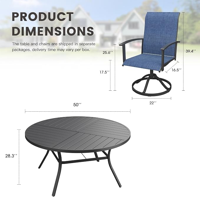 7 Pieces Round Outdoor Table and Chairs Set, Patio Dining Set with 50" Round Spliced Outdoor Table and Patio Swivel Chairs for Backyard Lawn Garden, Black Table and Dark Blue Chairs