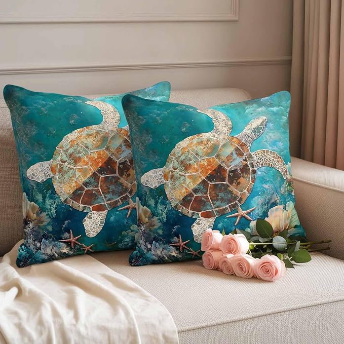 Ocean Turtle Outdoor Waterproof Throw Pillow Covers Set of 2, 24"x24", Marine Life Retro Starfish Coral Abstract Decorative Pillow Covers Outside Cushion Case for Patio Porch Garden