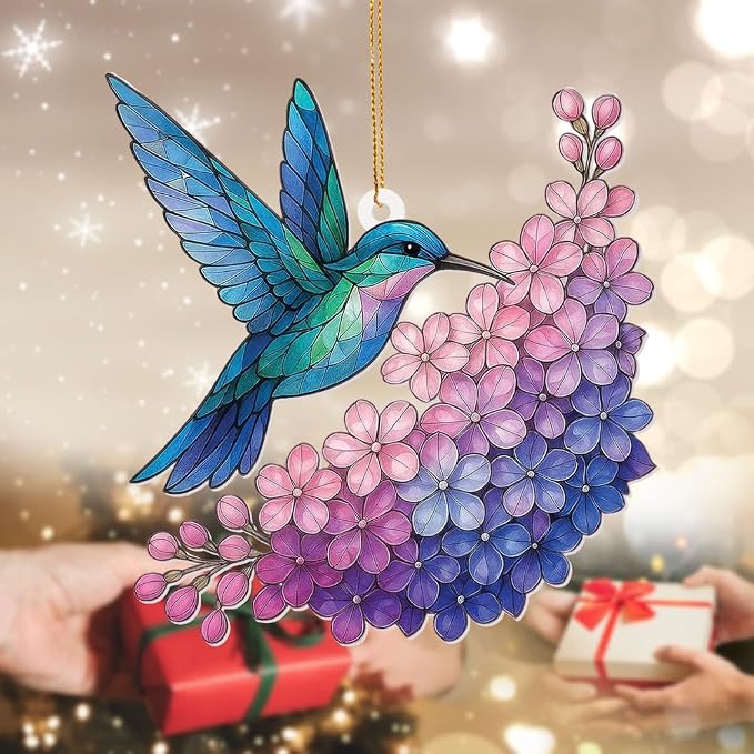 Hummingbird Stained Glass Ornament, Acrylic Window Hanging Suncatcher Decor, Bird Ornament for Car Rearview Mirror, Christmas Tree Decoration, Bookish Gifts for Bird Lovers, Home&Garden Decor(Sun-12)