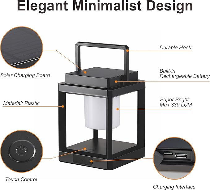 Outdoor Table Lamp, Brightness LED Nightstand Lantern, Portable Rechargeable Solar Lamp Waterproof, Touch Control Outdoor Lamps Cordless Lights Decorative for Patio/Walking/Reading/Camping