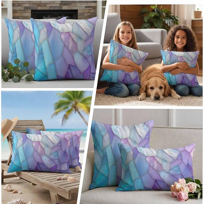 Blue Purple Gradient Outdoor Waterproof Pillow Covers Set of 2, Abstract Glass Geometric Marble Modern Pillowcase Decorative Throw Cushion Cases for Patio Garden Couch 26 x 26 Inches