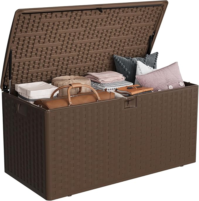 IDEALHOUSE 100 Gallon Resin Deck Box, Waterproof Outdoor Storage Box with Lockable Lid & UV Resistant, Patio Furniture Cushion Storage Container for Garden, Backyard, Poolside (Brown)