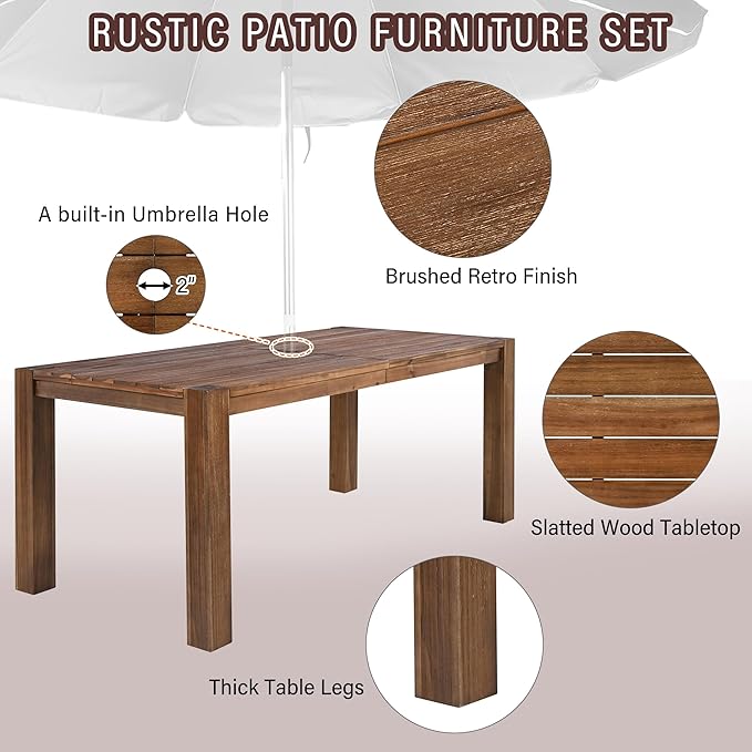 7 Piece Patio Dining Table Set with Umbrella Hole, Outdoor Acacia Wood Furniture Set with Removable Cushion for Garden, Backyard, Lawn, Poolside (Beige,Mocha)