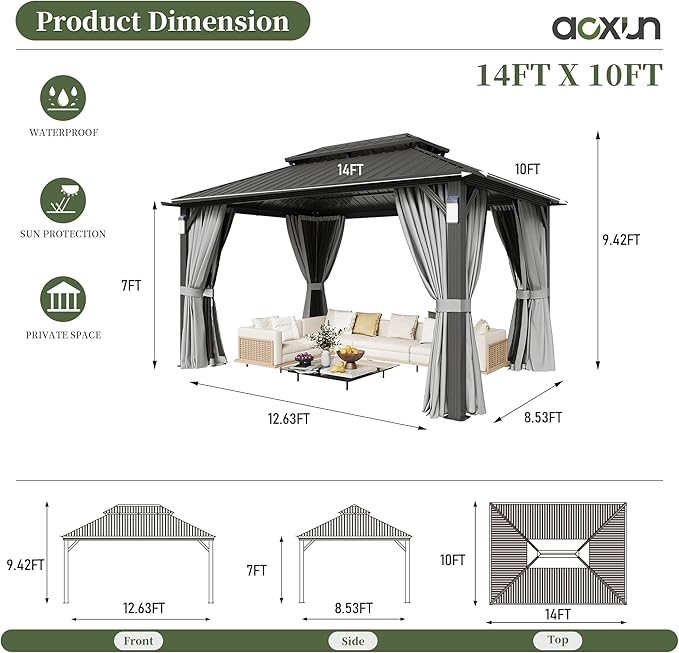 Aoxun 14'x10' Hardtop Gazebo with 4 LED Lights, Outdoor Gazebo with Galvanized Steel Double Roof, Patio Gazebo with Breathable Netting & Privacy Curtain, Decor Hooks for Backyard, Gray