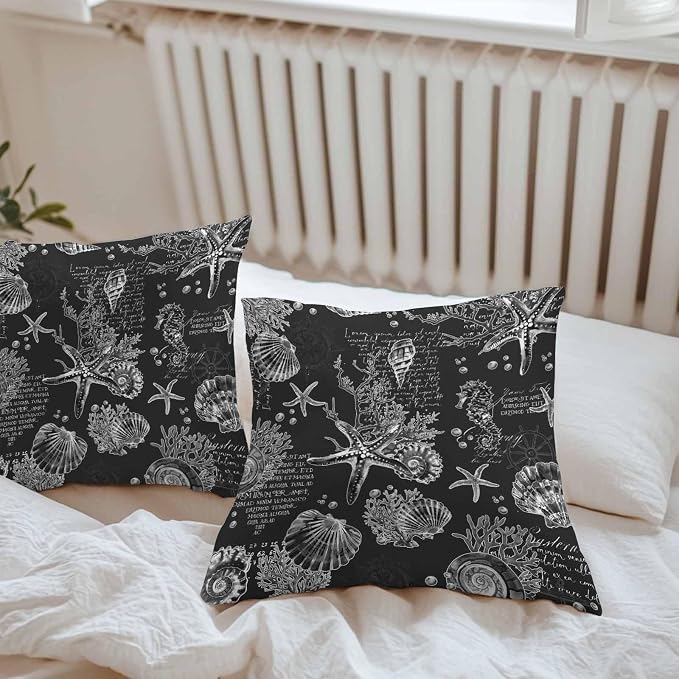 Black Coastal Waterproof Outdoor Pillow Covers Set of 2 Home Decor, Nautical Ocean Starfish Seashells Coral Pillowcase Patio Pillow Covers for Couch Bench Furniture Garden 16x16in