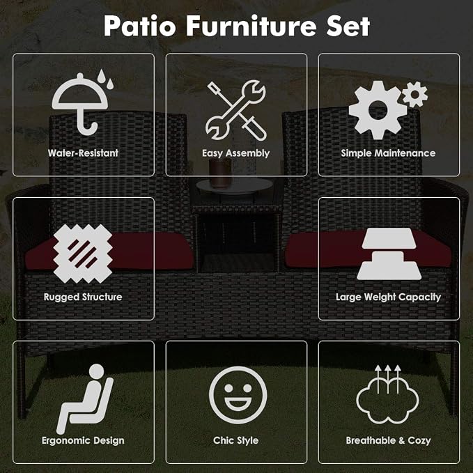 Tangkula Outdoor Rattan Loveseat, Patio Conversation Set with Cushions & Table, Modern Patented Wicker Sofa Set with Built-in Coffee Table, Rattan Sofas for Garden Lawn Backyard