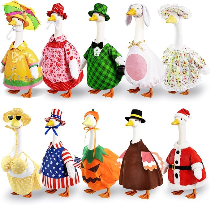 10 Set Porch Goose Outfits for 23" Lawn Goose Statue,All Seasons Goose Clothes Bundle with Valentine St Patrick Easter Spring Floral Raincoat Summer Patriotic Halloween Thanksgiving Christmas Costumes