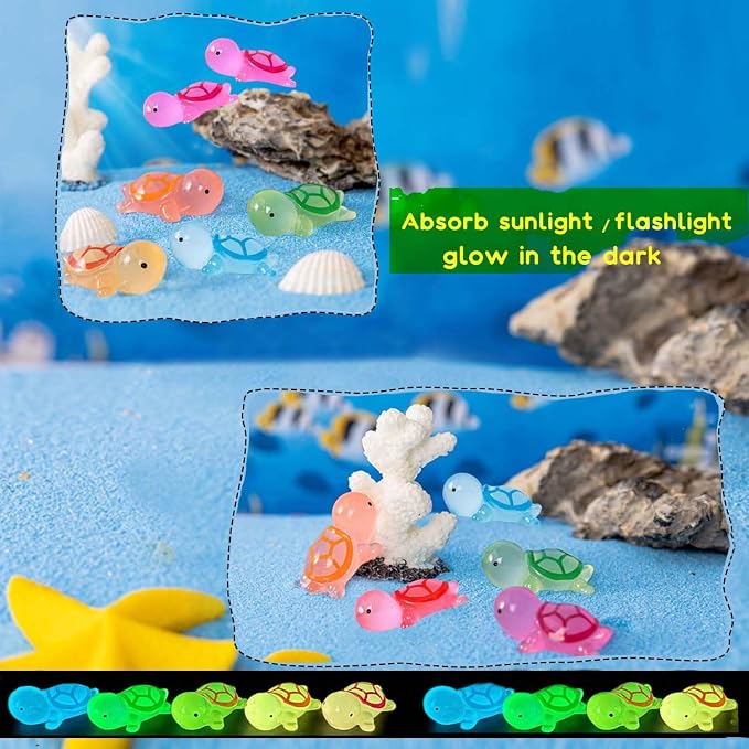 U-Zimikee 50 Pcs Luminous Mini Resin Turtles, Miniature Turtle Figurines, Little Animal Figures Glow in the Dark, Small Tiny Animal to Hide, Micro Landscape Ornaments Mini Garden Dollhouse Accessories