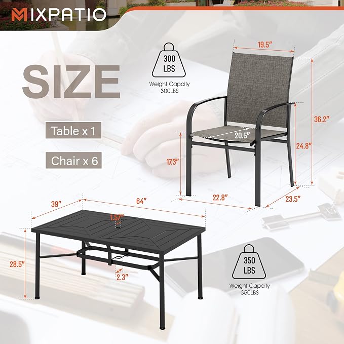 MIXPATIO 7 Pieces Patio Table and Chairs Set, Patio Dining Set for 6, 6 Textilene Chairs and 1 Metal Rectangle Dining Table with Umbrella Hole, for Deck Backyard Lawn Poolside, Brown