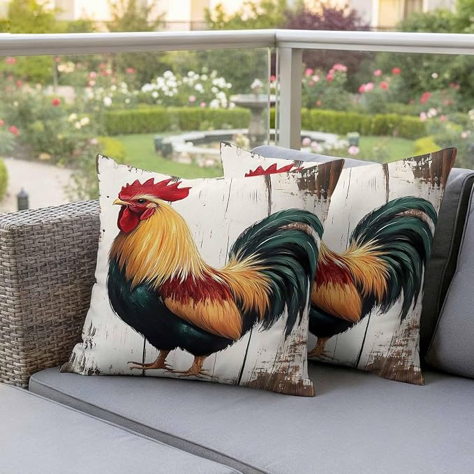 Vintage Rooster Outdoor Waterproof Throw Pillow Covers 24x24 Set of 2, Retro Farmhouse Rooster Watercolor Decorative Pillowcases Cushion Pillowcase for Couch Sofa Patio Outside Pillow Protector