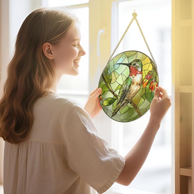 Stained Glass Window Hanging, 8" Stained Glass Hummingbird Suncatcher, Hummingbird Gifts for Women | Christmas, Mother’s Day, Easter, Birthday Gifts for Mom, Grandma, Nana, Wife, Sister & Bird Lovers