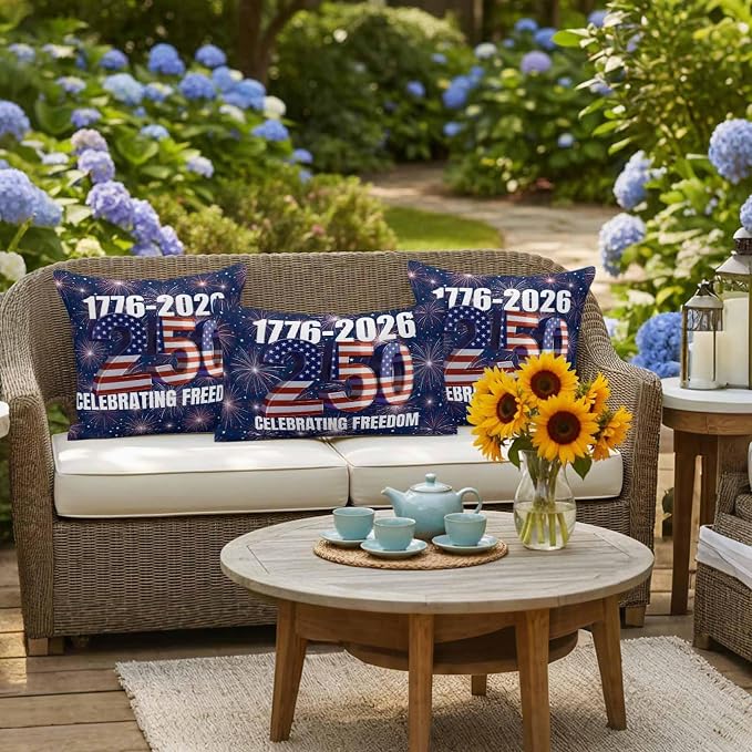 250 Anniversary USA Flag Outdoor Pillow Covers 16x16 Inch Throw Pillow Covers Set of 2 Waterproof Decorative Pillow Cases Blue American Flag 250 Fireworks Cushion Covers for Patio Furniture Garden
