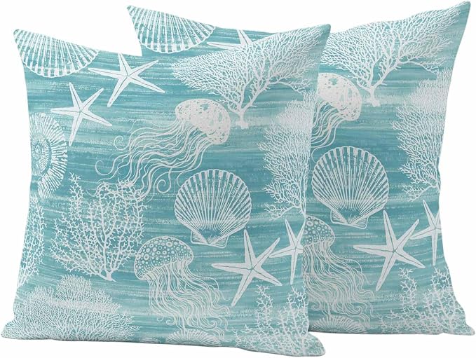 Teal Coastal Outdoor Waterproof Throw Pillow Covers Set of 2, 16"x16", Nautical Starfish Jellyfish Coral Summer Decorative Pillow Covers Outside Cushion Case for Patio Porch Garden