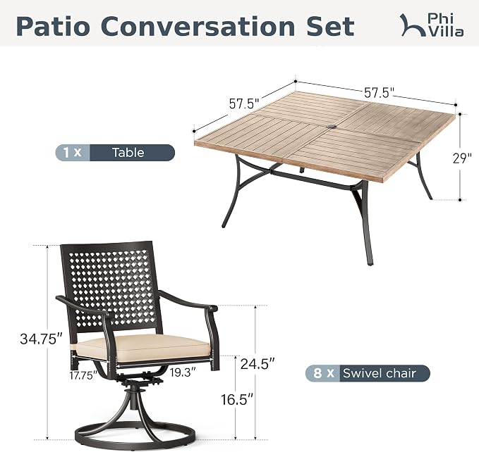 PHI VILLA Outdoor Dining Set for 8, Square Metal Table & Swivel Chairs | 9 pcs 57.5" brown wrought iron furniture set w/ umbrella hole. All weather for patio, deck, yard, porch