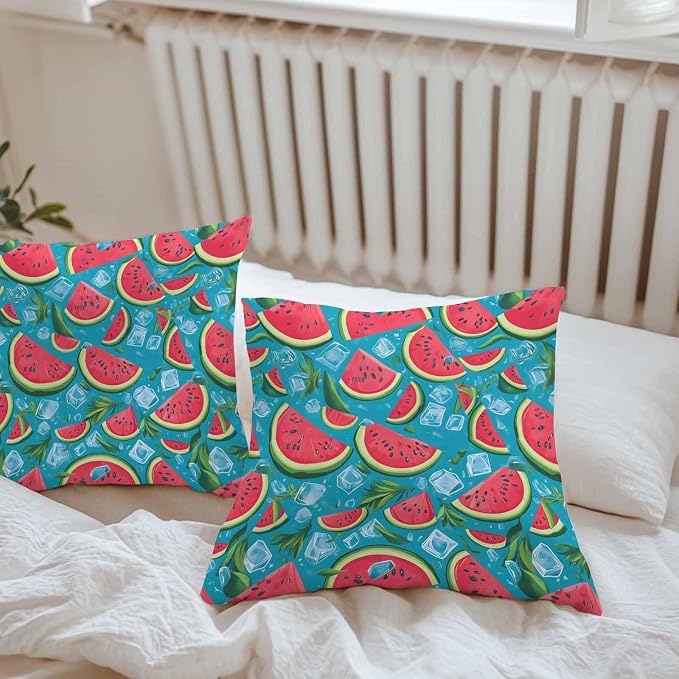 Vandarllin Outdoor Throw Pillows Covers 20x20 inch Set of 2 Waterproof Watermelon Decorative Zippered Cushion Covers for Patio Furniture, Summer Fruit Ice Cubes Lumbar Pillowcases