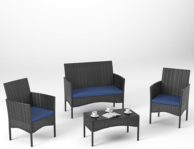 4 Pieces Outdoor Patio Furniture Sets,Wicker Conversation Set with Coffee Table,Loveseat and Wicker Patio Chairs with Soft Cushion for Porch, Garden, Lawn(Navy Blue)